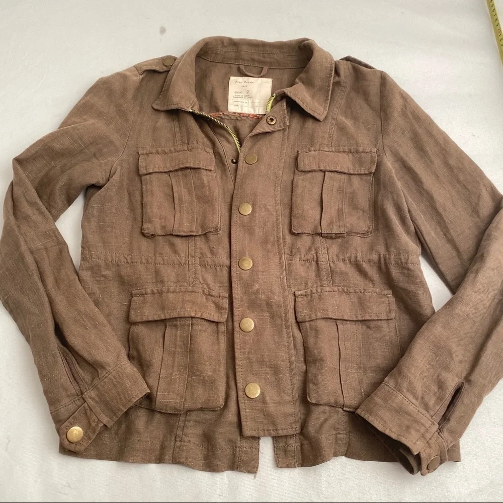 Free People olive Military Platoon linen full zip and snap utility jacket